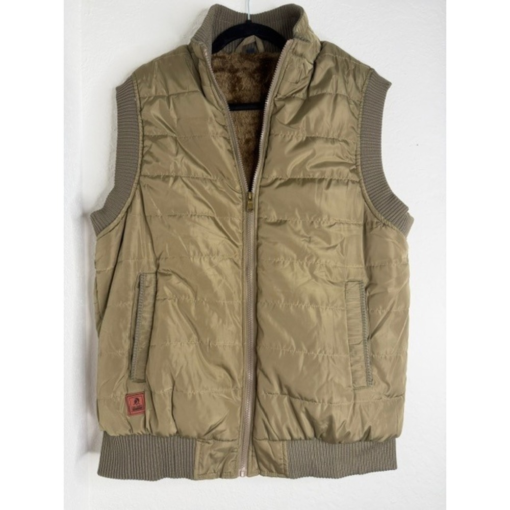 Cool Choice Olive Green Faux Fur Lined Puffer Vest Mens Large Khaki Quilted Zip